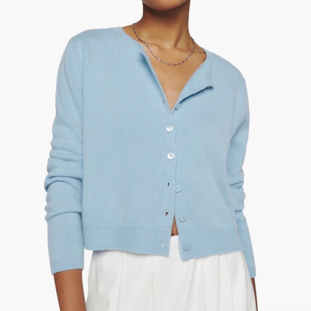Reformation Clara Cashmere Crew Cardigan in Bayou blue